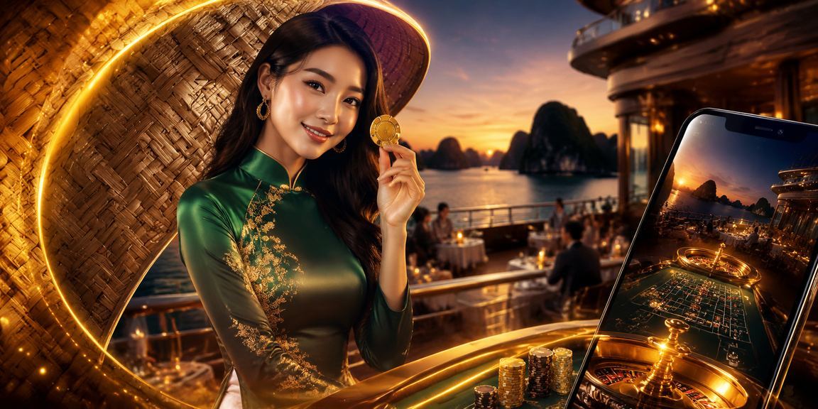 Người phụ nữ Việt Nam đội nón lá sử dụng điện thoại trải nghiệm casino tại vịnh Hạ Long